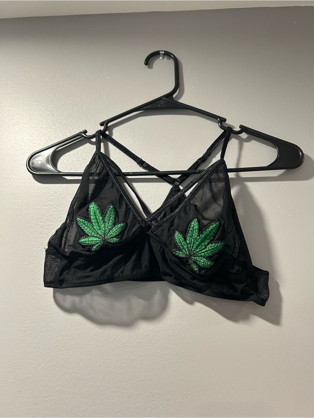 Black Mesh Bralette with Green Leaf nip cover